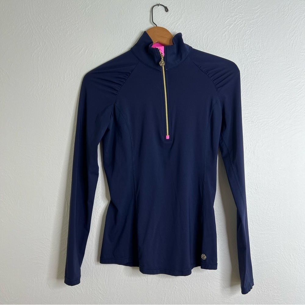 Lilly Pulitzer Skipper Popover Navy Blue Half Zip Pullover Top Pockets Size XS